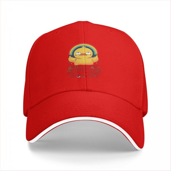 Black baseball cap with crying yellow duck and rainbow graphic