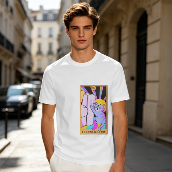 Olive green t-shirt with three-eyed cat couch killer tarot-style graphic