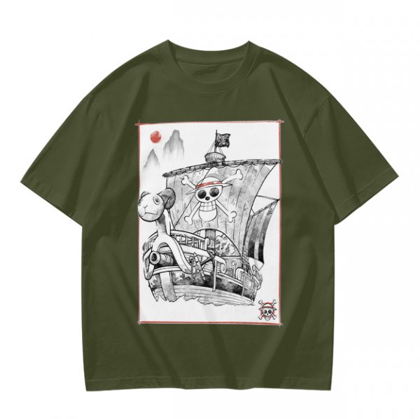 Olive T-shirt with Straw Hat Pirate Ship Art Print