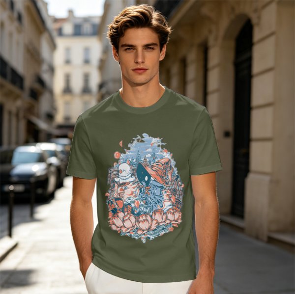 Olive T-Shirt with Whimsical Fantasy Character and Floral Art Print