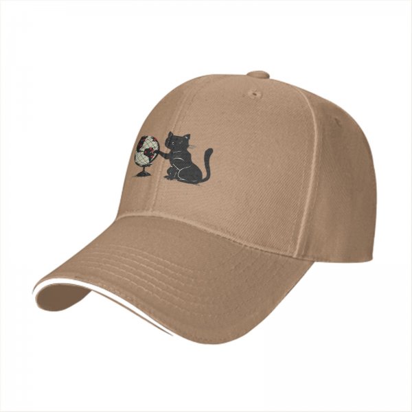 Black Baseball Cap With Cat Touching Globe Print