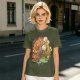 Olive Green T-Shirt with Whimsical Nature Floral and Rock Art Print