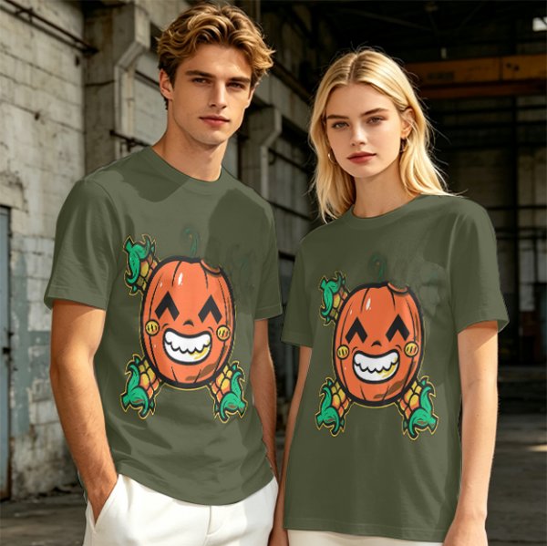 Olive T-Shirt with Smiling Pumpkin Corn Crossbones Graphic