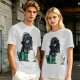 Olive T-shirt with cartoon dinosaur in Darth Vader helmet and chicken print