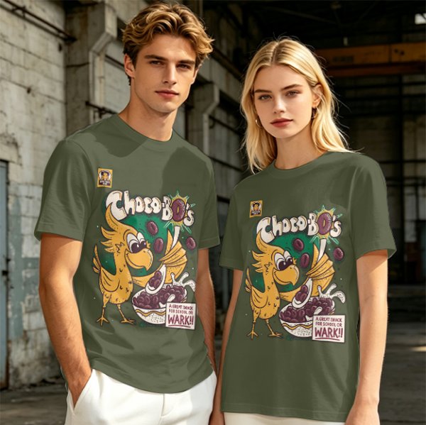 Olive t-shirt with Choco-Bo's cereal graphic featuring a yellow bird