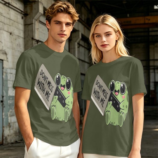 Olive t-shirt with cute frog holding knife and 'Don't mess with me' text