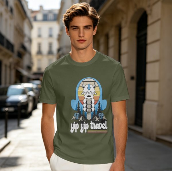 Olive green t-shirt with Appa graphic and 'yip yip travel' text