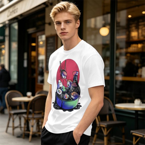 Olive T-Shirt With Anxious Sushi Characters In Soy Sauce Bowl Print