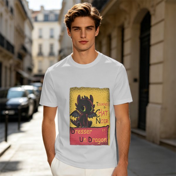 Olive t-shirt featuring Toothless dragon and Chat Noir themed text