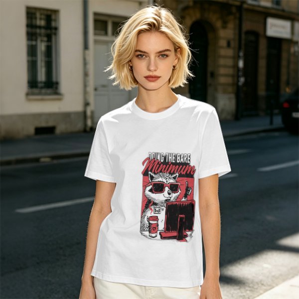 Olive graphic t-shirt with raccoon doing the bare minimum at computer