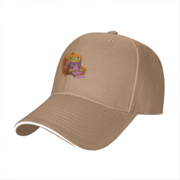 Black baseball cap with a cozy frog sitting in an armchair graphic