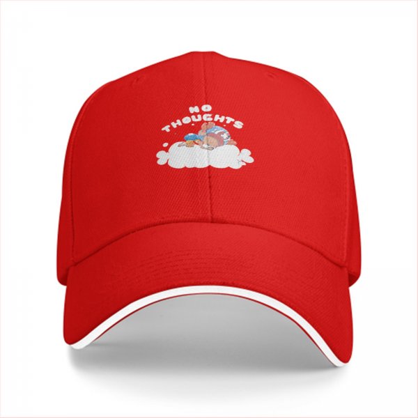 Black baseball cap with no thoughts sleeping character on cloud graphic