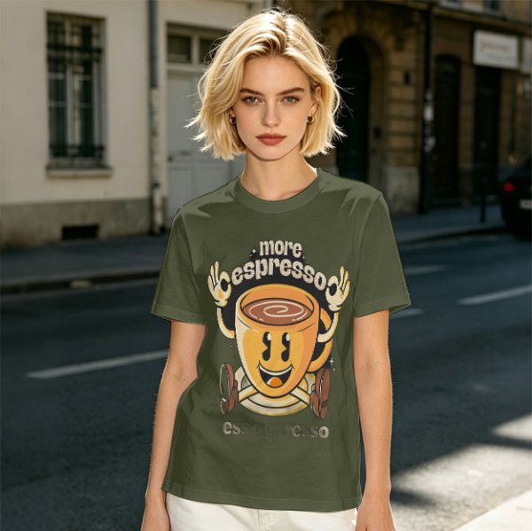 Oversized Olive T-Shirt with Retro Espresso Coffee Mascot Graphic