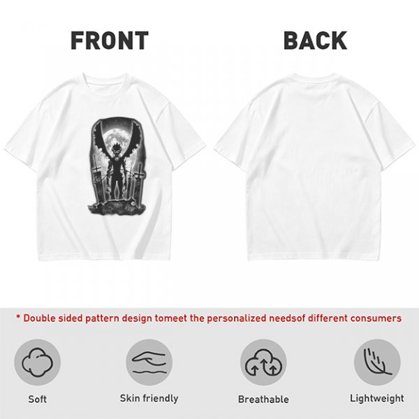 Olive t-shirt with dark anime winged warrior under full moon print
