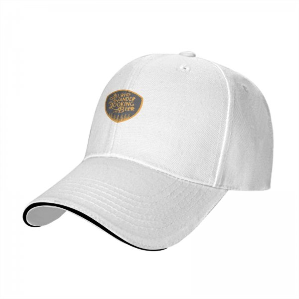 Black baseball cap with 'All Who Wander Are Looking For Beer' graphic