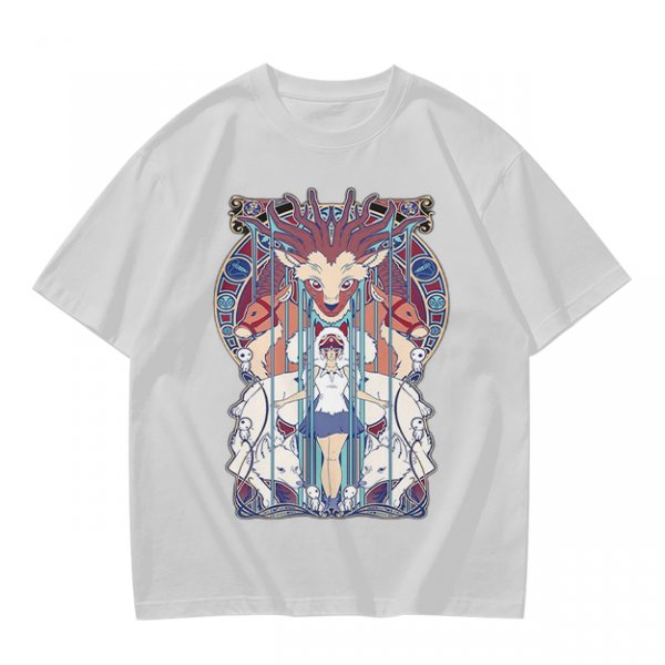 Olive green t-shirt with stained glass style forest spirit anime artwork
