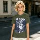 Olive t-shirt with stylized anime warrior graphic and Japanese text