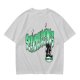 Olive green graphic t-shirt with 'Scandalacious' print and witch hat design