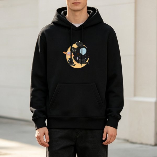 Black Hoodie With Cute Space Cats On Crescent Moon Design