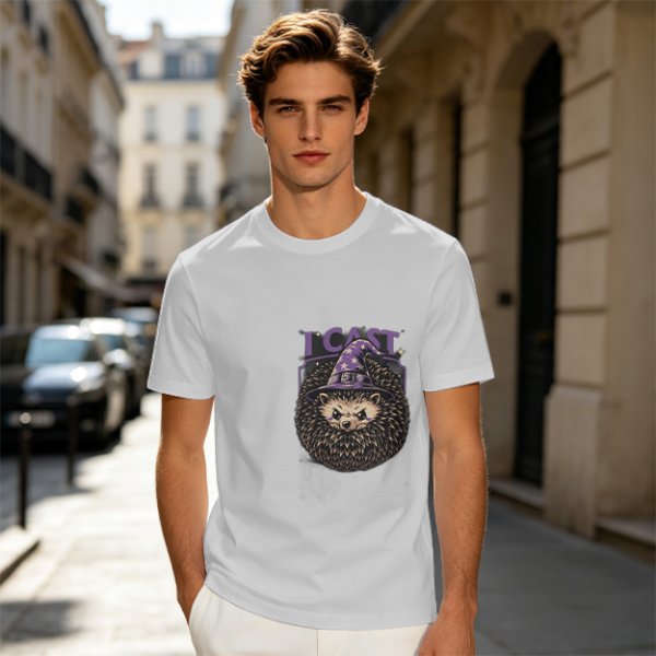 Olive green t-shirt with a hedgehog wizard graphic and 'I CAST' text