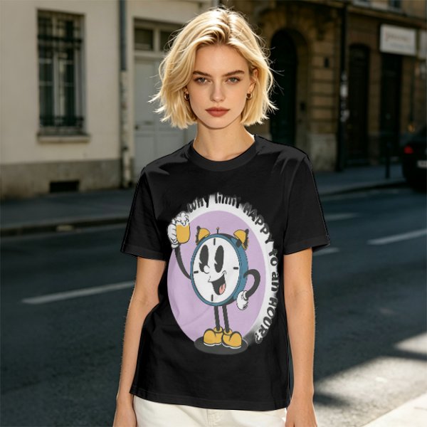 Olive T-Shirt With Cartoon Clock Holding Beer 'Happy Hour' Print