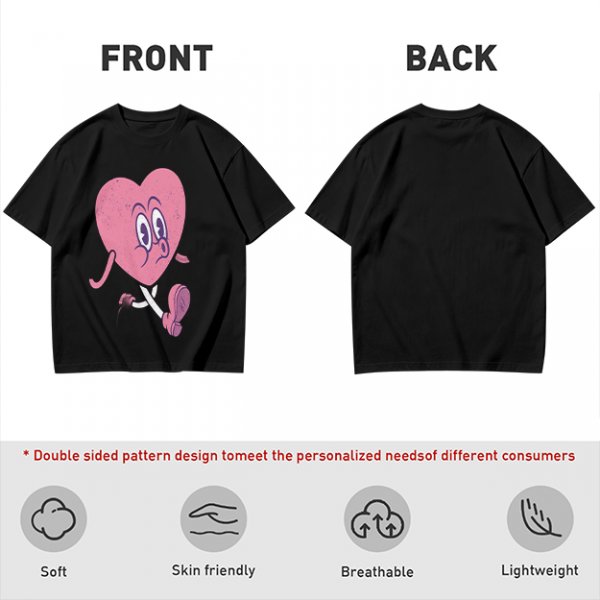 Oversized Olive T-Shirt with Retro Walking Pink Heart Cartoon Graphic