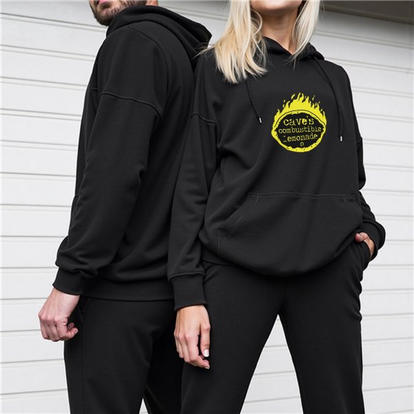 Black hoodie with Dave's Combustible Lemonade flame graphic