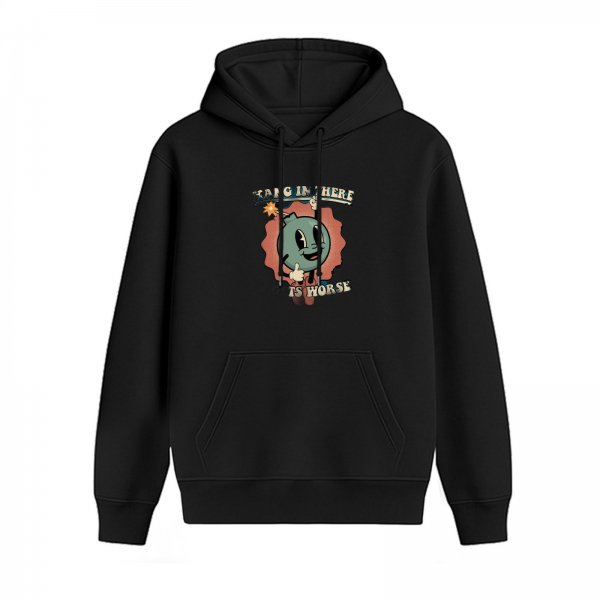 Black hoodie with retro cartoon graphic and humorous text print