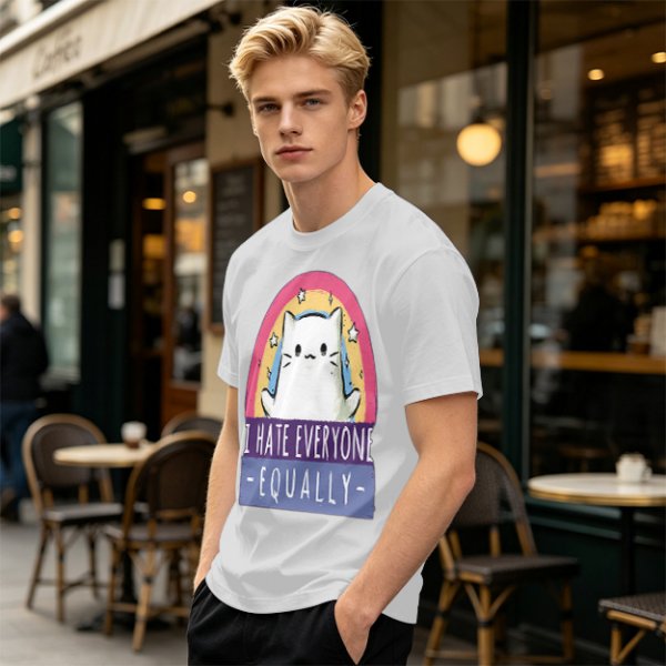 Olive graphic t-shirt with a white cat and 'I hate everyone equally' print