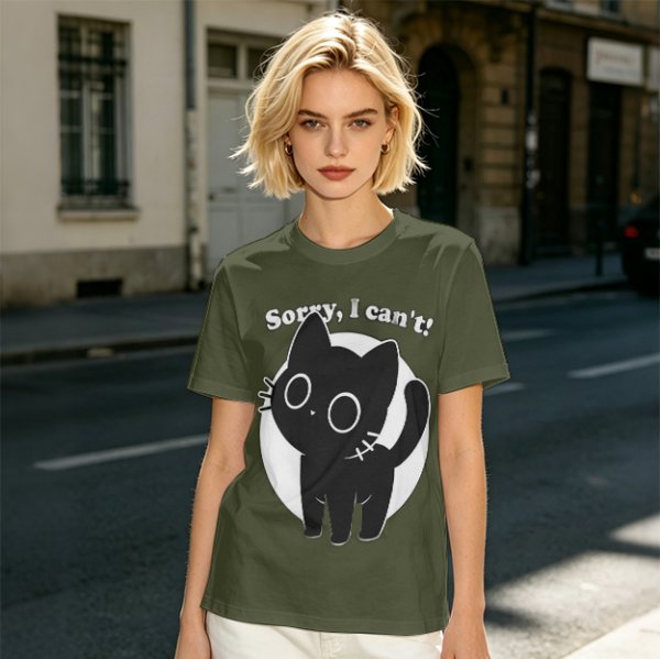 Olive T-Shirt With Sorry I Can't Black Cat Graphic Print