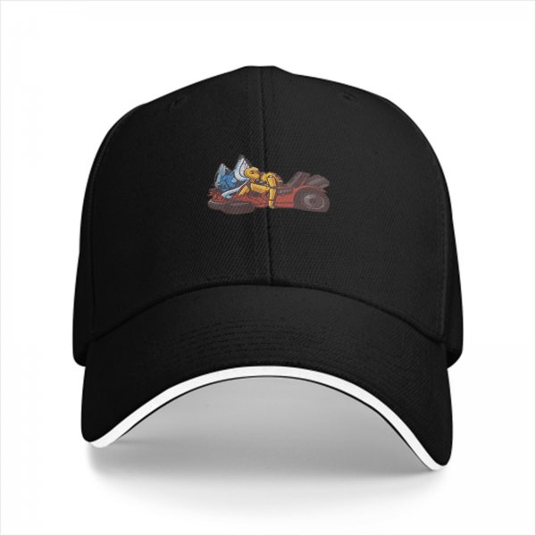 Black Baseball Cap With Cartoon Characters Driving Go-Kart Graphic