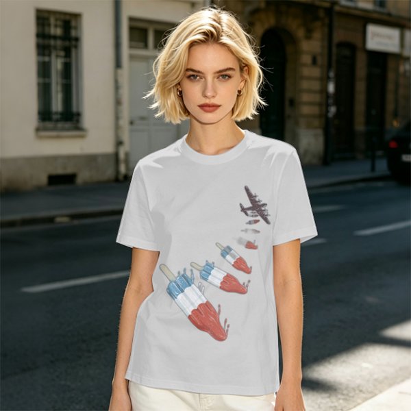 Olive T-Shirt With Melting Red White Blue Popsicle Print
