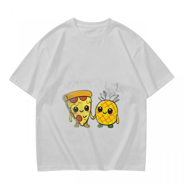 Olive T-Shirt with Cute Pizza and Pineapple Holding Hands Print