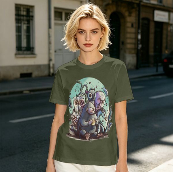 Olive T-Shirt With Magical Creature Group Art Print
