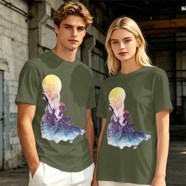 Olive T-Shirt with Watercolor Witch and Moon Art Print
