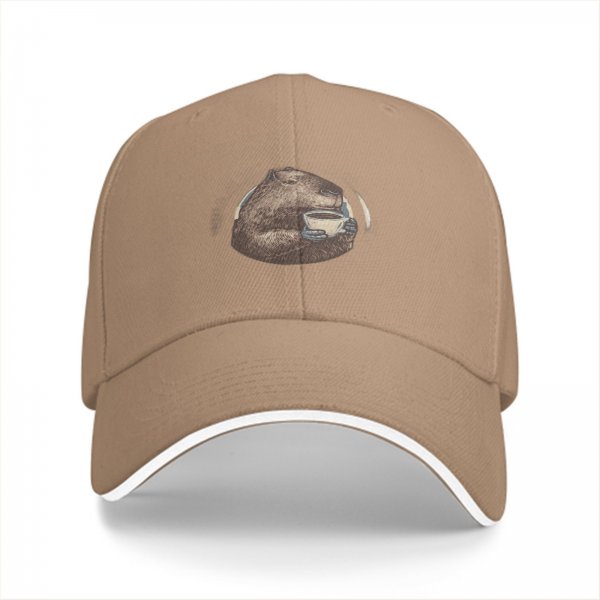 Black baseball cap with capybara holding coffee cup print