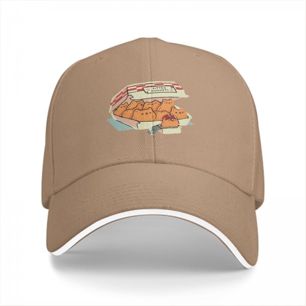 Black baseball cap with kitten nuggets takeout box graphic