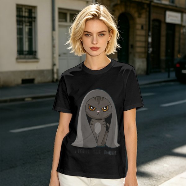 Olive T-shirt with Angry Cat in Hooded Cloak Graphic Print