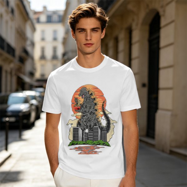Godzilla Eating Ramen Sunset City Graphic T-Shirt
