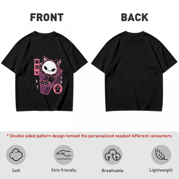 Olive T-Shirt with Skull Cat Ice Cream Graphic Print