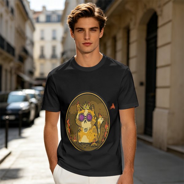 Olive T-Shirt With Flaming Royal Cat Portrait Print