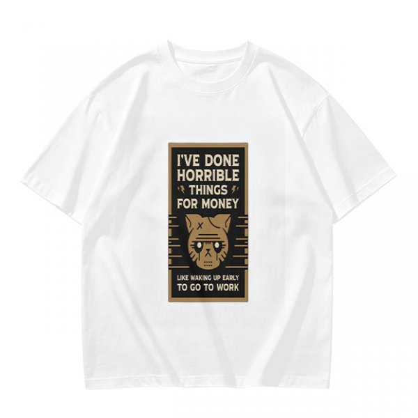 Olive T-Shirt With 'I've Done Horrible Things For Money' Cat Work Print