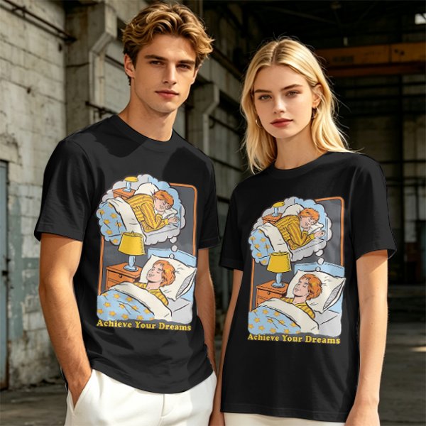 Olive graphic t-shirt with sleeping person and 'Achieve Your Dreams' text