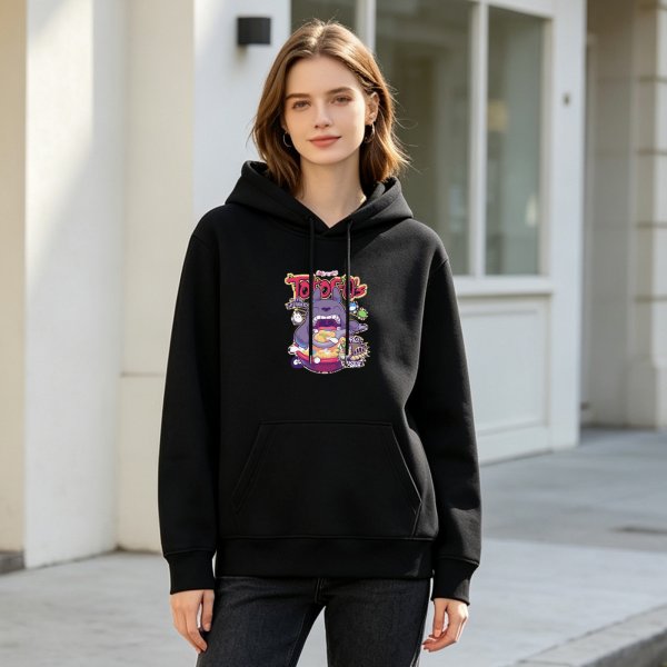 Black hoodie with Totoro themed cereal graphic print