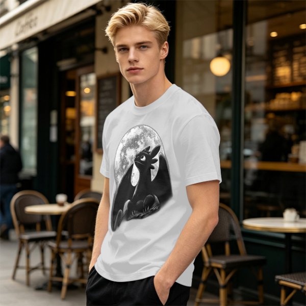 Olive T-Shirt Featuring Toothless Dragon Against Full Moon