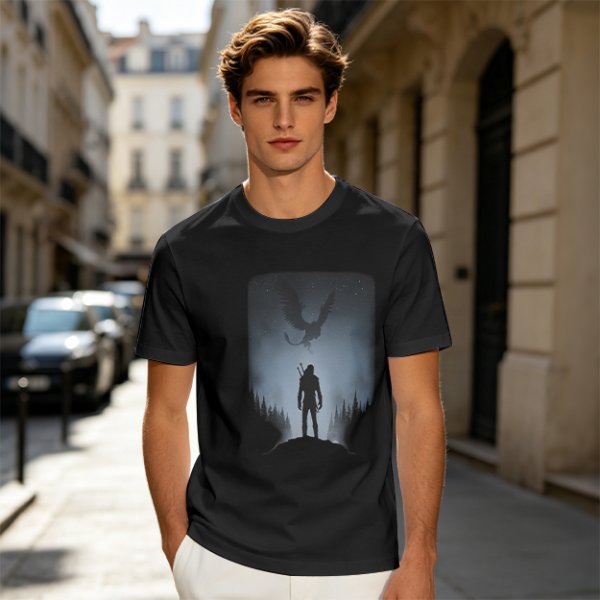Olive T-Shirt With Dark Fantasy Silhouette Print Of Warrior And Winged Beast