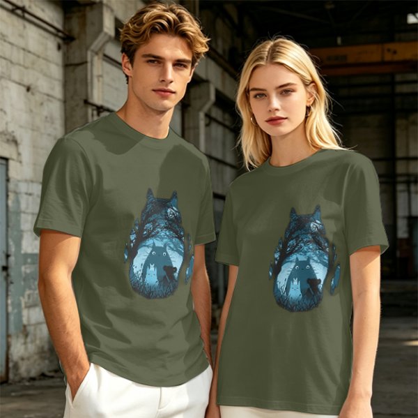 Olive T-shirt with Totoro Forest Silhouette Graphic Print