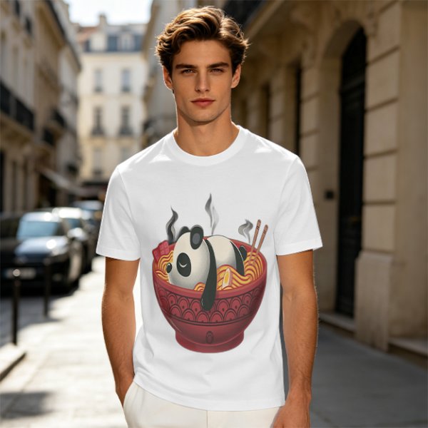Olive green t-shirt with a panda relaxing in a steaming ramen bowl print
