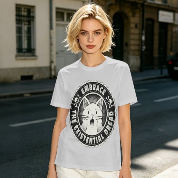 Olive t-shirt with 'Embrace the Existential Dread' screaming cat graphic