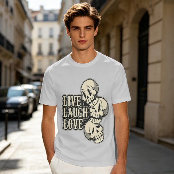Olive Graphic T-Shirt with Live Laugh Love and Stacked Skulls